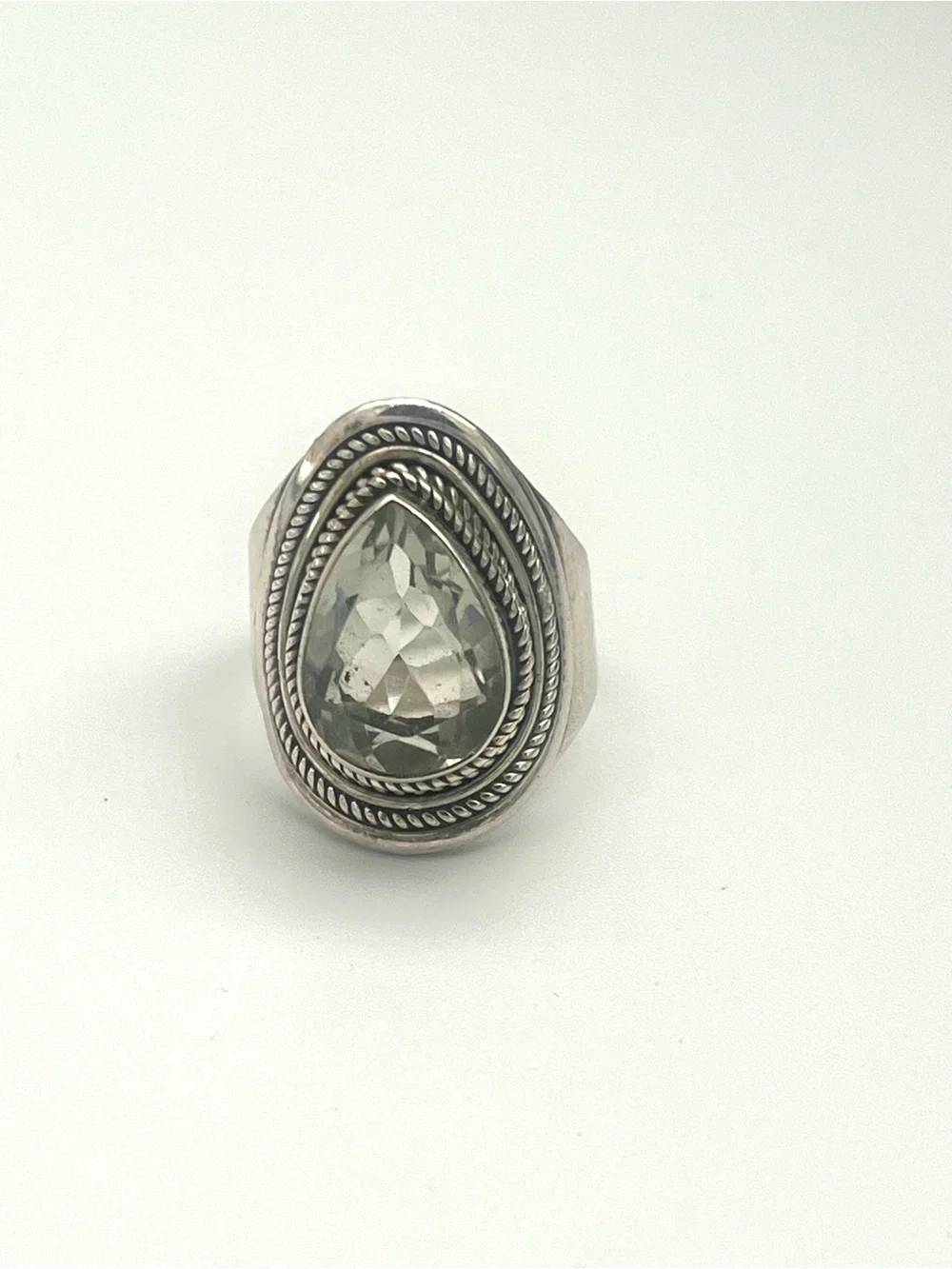 Elegant Teardrop / Pear Brittania Silver Ring with Faceted 5ct Green Amethyst